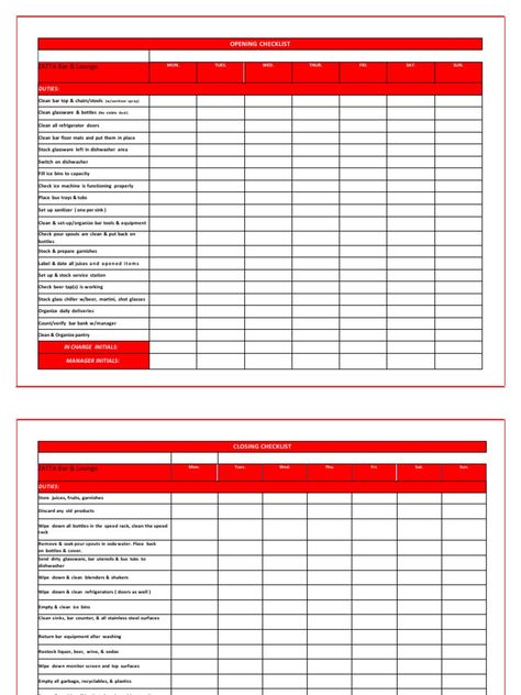 This document outlines the daily opening and closing checklists for a bar and lounge. The opening checklist includes over 20 tasks to prepare the bar for service such as cleaning surfaces, stocking supplies, checking equipment, and verifying the cash drawer. The closing checklist similarly includes over 20 closing tasks like removing pour spouts, cleaning surfaces and equipment, storing products, taking out trash, and securing the bar area. Completing both checklists fully prepares and closes Bar Cleaning Checklist, Closing Checklist, Bar And Lounge, Bar Flooring, Cash Drawer, Clean Sink, Checklist Template, Bar Area, Cleaning Checklist