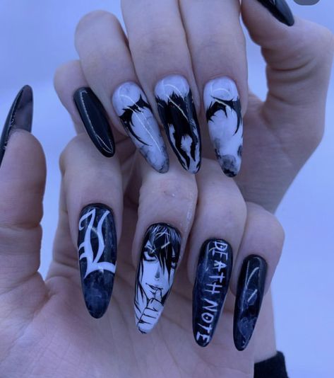 Black And White Anime Nails, Misa Amane Nails, Deathnote Nails, Manga Nails, Alt Nails, Anime Nail, Deat Note, Punk Nails, Cute Simple Nails