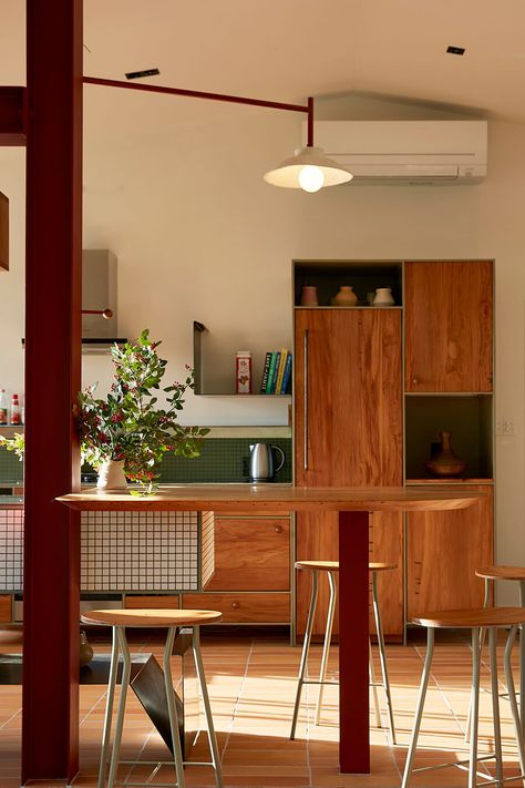 1950s House Renovation, 1990s Kitchen, New Zealand Home, Kitchen Color Palettes, Pasta Making, 1950s House, Structural Steel, Lampshade Designs, Spice Storage