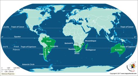 The Tropic of Capricorn, also called the Southern Tropic, is an imaginary line (a latitude circle) which indicates the southernmost point where the sun is directly overhead at noon. This occurs during the solstice on December 21. The Tropic of Capricorn is one of the five important latitudinal circles thatRead More Equator Map, Human Body Vocabulary, December Solstice, Argentina Map, International Date Line, 3d Globe, Indian Army Quotes, Interesting Maps, Tropic Of Capricorn