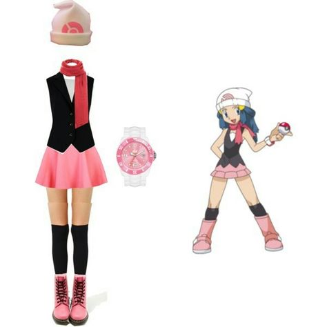 Pokemon Dawn Outfit - Polyvore Pokemon Character Costumes, Dawn Pokemon Costume, Woman Pokemon Costume, Pokemon Performer Outfit, Misty Halloween Costume Pokemon, Pokemon Dress, Pokémon Costume, Dawn Cosplay, Pokemon Trainer Costume