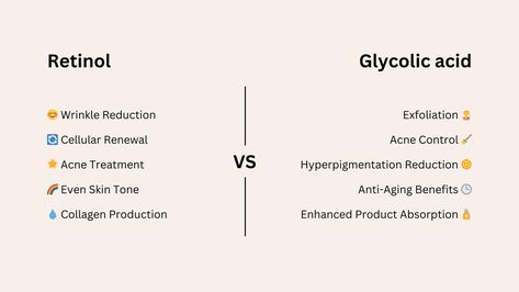 retinol vs glycolic acid Skincare Guide, Wrinkle Reduction, Acne Control, Younger Looking Skin, Glycolic Acid, Even Skin Tone, Retinol, Skin Care Tips, Healthy Skin