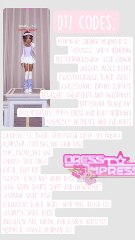 dti codes#dti#dresstoimpress#roblox#cute#codes#november#update Dti Codes, Orange Mermaid, Pink Halter Top, Bunny Slippers, Puffy Dresses, Bear Hat, Color Codes, White Handbag, Roblox Codes