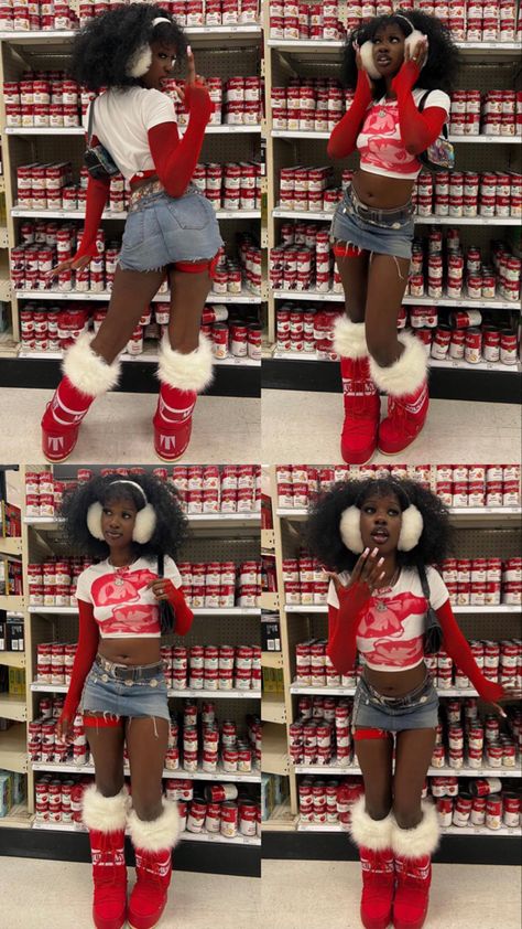 Red Moon Boots, Moon Boots Aesthetic, Aesthetic Afro, Boots Mini Skirt, Mini Skirt Aesthetic, Moon Boots Outfit, Boots Aesthetic, Skirt Aesthetic, Bratz Inspired Outfits