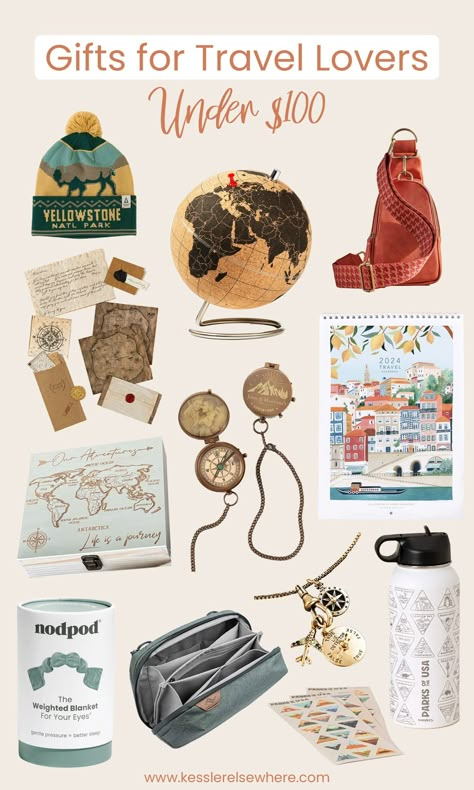 Find gifts for every travel enthusiast in your life! From outdoorsy to luxury to budget and everything in between, you're sure to find a perfect travel gift. #giftguide #travelgifts #travelgiftguide #giftsfortravelers Presents For Travelers, Gift For Traveling Friend, Gift For Traveler For Women, Travel Souvenirs Ideas, Gift Guides 2024, Gifts For Travelers Women Ideas, Travel Kit Gift, Geography Gifts, Gifts For Travelers