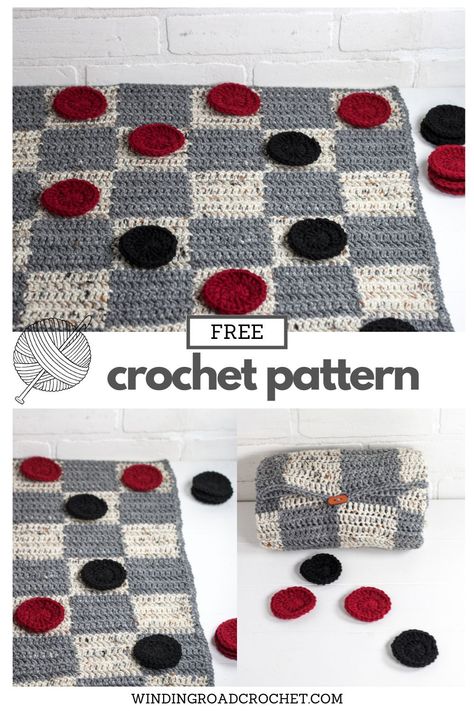 Make a creative crochet gift with the free crochet pattern. This crochet checkerboard game pattern makes a rug size checkerboard with large game pieces. This pattern is easy and works up quick. The board rolls up into a portable pouch to easy take this crochet project on the go. Links to helpful video tutorials available. Crochet Checkerboard Pattern, Giant Crochet, Crochet Game, Stitches Crochet, Basic Stitches, Stitch Crochet, Quick Crochet, Fun Crochet Projects, Checkerboard Pattern