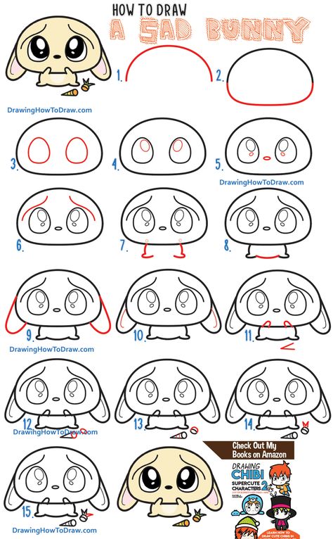 How to Draw a Sad, Scared, Worried Cartoon Bunny Rabbit with Easy Steps Tutorial - How to Draw Step by Step Drawing Tutorials Disney Characters Easy, Cartoon Drawings Sketches, Cartoon Drawings Of People, Cartoon Drawings Disney, Drawing Lessons For Kids, Cartoon Drawing Tutorial, Easy Cartoon Drawings, Drawing Cartoon Characters, Easy Drawings For Kids