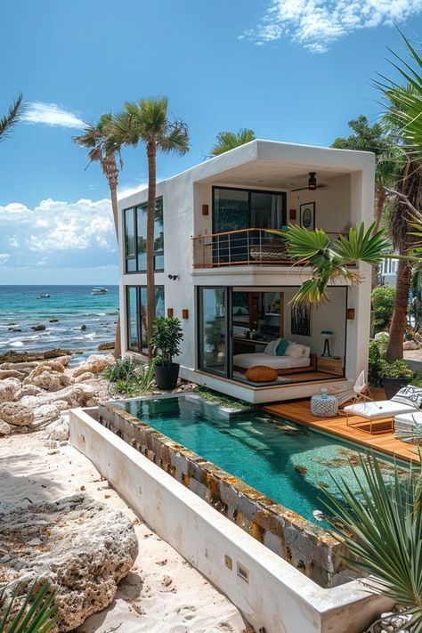 Modern House By The Beach, Tiny Beach Houses, Summer House Bedroom Ideas, Beach House Inspo Exterior, Tiny House Mansion, Small Modern House With Pool, Small Modern Beach House, Mediterranean Tiny House, Container House With Pool