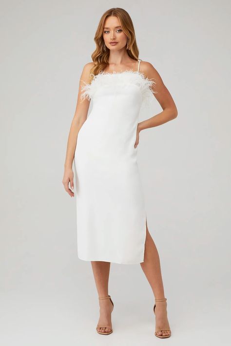 ELLIATT | Harley Dress in White| FashionPass Bhldn Dress, Crepe Midi Dress, Rehearsal Dress, Feather Trim, White Midi, Ivory Wedding Dress, Feather Dress, Strappy Dresses, Reception Dress