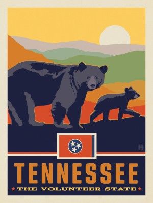 American State Pride | Anderson Design Group Tennessee Poster, Tennessee Attractions, Classic Illustration, Two Bears, State Posters, Anderson Design Group, Black Bears, Canvas Banner, Tennessee State