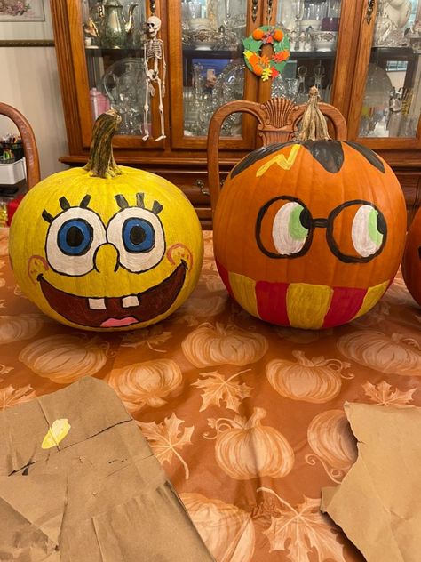 This year, my son requested Spongebob and Harry Potter. He painted the pumpkin yellow…3 times! The next day I outlined Spongebob’s face with pencil and we painted it in. Harry Potter was easier. This was so much fun to do together. #spongebob #spongebobpumpkin #halloween #halloweenfun #pumpkinpainting #harrypotter #harrypotterpumpkin #pumpkins Spongebob Pumpkin Carving, Spongebob Pumpkin, Pumpkin Inspo, Monk Pictures, Harry Potter Pumpkin, No Carve Pumpkin Decorating, Easy Pumpkin Carving, Halloween Pumpkins Painted, Fall Things