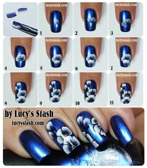 25 Great Nail Art Tutorials for Cute and Fancy Nails Nailart Tutorial, Easy Flowers, Unghie Nail Art, Polish Design, Nail Designs Tutorial, Nagel Tips, Striped Nails, Blue Nail, Flower Nail