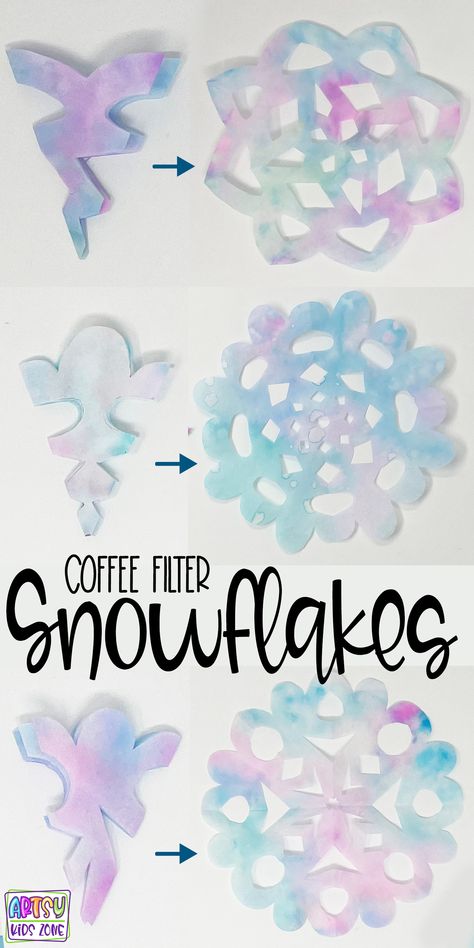 How To Make A Snowflake: A Coffee Filter Snowflake Craft for Kids Snowflake Art Projects For Kids Toddlers, Kid Snowflake Craft, Coffee Filter Preschool Crafts, January Craft Ideas For Toddlers, How To Make Snowflakes Out Of Coffee Filters, Snowflake Craft For Kindergarten, Christmas Crafts Coffee Filters, Snow Cycle Preschool, Infant Snowflake Art