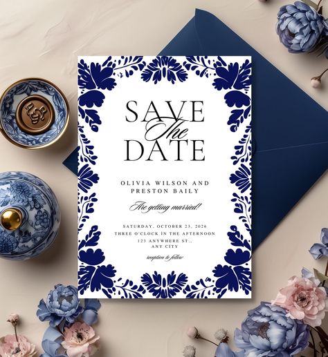 Blue Mexican Save the Date, Talavera Tile Floral Design, Fiesta Wedding Save the Date, Editable Mexican Wedding Template, Birthday Card by Papilix on Etsy Template Birthday Card, Wedding Kit, Fiesta Wedding, Talavera Tile, Template Birthday, Personalized Matches, Talavera Tiles, Save The Date Templates, Mexican Wedding