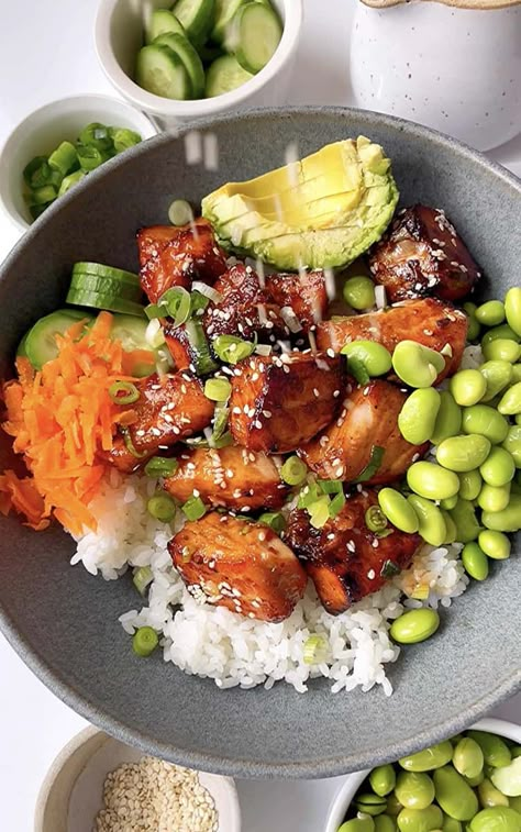 Air Fryer Salmon Bites | Life Made Sweeter Hearts Of Palm Rice, Sesame Salmon, Salmon Bites Recipe, Rice Cauliflower, Salmon Poke, Toasted Sesame Oil, Air Fryer Salmon, Salmon Bites, Cooking Jasmine Rice