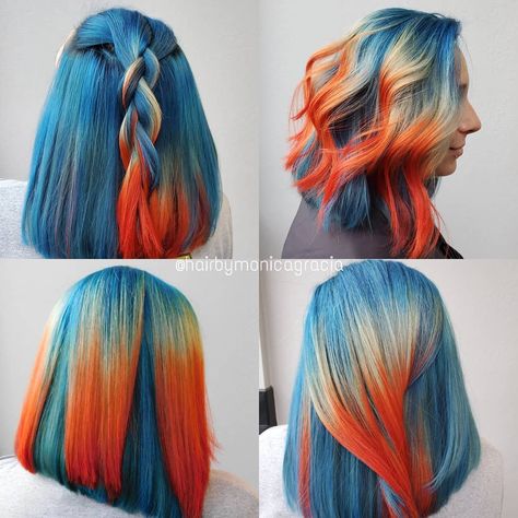 Ocean Colored Hair, Vibrant Hair Color Placement, Blue To Orange Hair, Blue Flame Hair Color, Blue And Yellow Hair Color, Fire And Ice Hair, Orange And Blue Hair Ideas, Orange And Teal Hair, Copper And Blue Hair