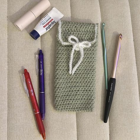 Crochet Pencil / Makeup Case Bow detail Sage Green... - Depop Makeup Bag Crochet, Crochet Pencil Case, Crochet Pencil, Crochet Jewelry Patterns, Crochet Frog, Green Crochet, Fun Crochet, Fun Crochet Projects, Pencil Bags