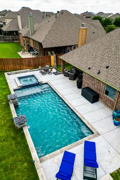 Pool With Hot Tub And Tanning Ledge And Fire Pit, Rectangle Pool With Spa And Tanning Ledge, Pool With Hot Tub And Tanning Ledge, Pool With Hot Tub, Pool Snacks, Rectangle Pool, Dream Backyard Pool, Tanning Ledges, Pools Backyard Inground