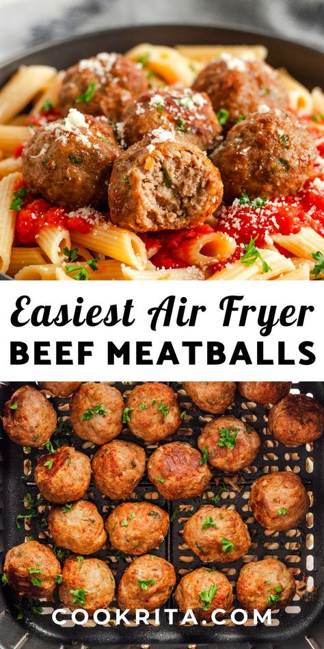 These air fryer meatballs are made with a blend of ground beef and pork, bread crumbs, and Italian herbs. Super juicy and ready in 20 minutes, perfect for any occasion. #BestMeatballs #AirFryer #BeefAndPork #JuicyMeatballs #QuickRecipes Frozen Meatballs In Air Fryer, Air Fryer Meatballs Recipe, Meatballs Air Fryer, Bri Recipes, Meatballs Sauce Recipe, Air Fryer Beef, Air Fryer Meatballs, Cooking Frozen Meatballs, The Best Meatballs