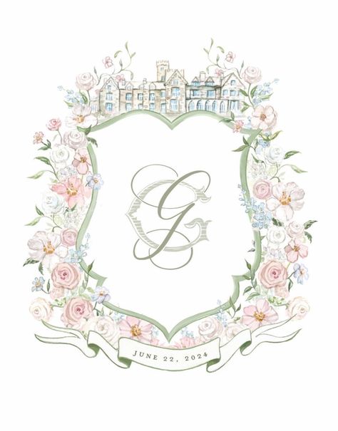 A custom watercolor crest is the perfect way to tell your love story and set the tone for your wedding day! The custom watercolor crest will make a perfect addition to your stationery and day of details! This can be used to print on any item!! Venues, landmarks, and icons is the best way to show your personality to your guests! Or simply adorn with custom florals, don't worry leave the designing up to me! Your Watercolor Crest will be a keepsake to treasure for years to come! PAINTING Custom watercolor crests take about 10-15 business days to complete. Please keep in mind that this date does not start at your time of purchase. After receiving payment, completing a questionnaire, and signing an agreement, we will schedule a design week based upon my availability.  TURNAROUND TIME When your Simple Wedding Crest Monogram, Family Crest Sign, Watercolor Fashion Sketch, Crest Invitation, Crest Wedding Invitations, Watercolor Crest, Logo Watercolor, Watercolor Monogram, Wedding Logo Monogram