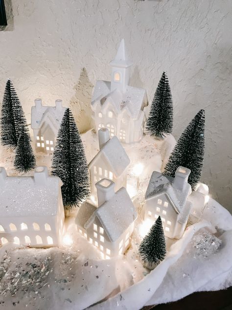 White Christmas House Village, White Village Christmas Houses, White Christmas Village Display, Christmas Shelves, Christmas Cave, Clay Christmas Decorations, Catholic Decor, Christmas Houses, Neutral Christmas