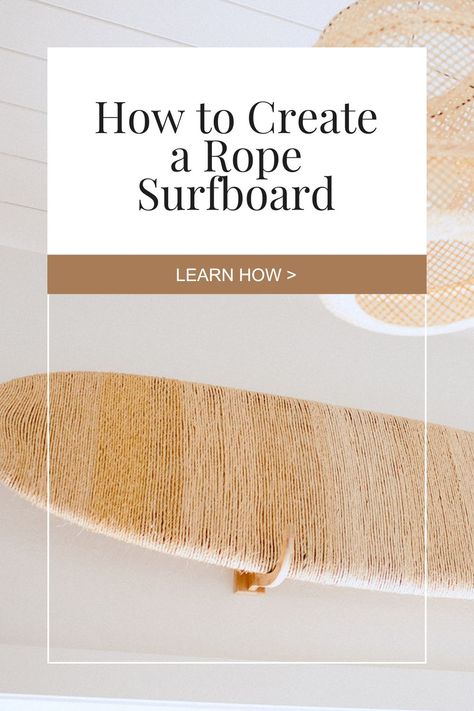 Looking for a fun project to elevate your Modern Beach House? This one’s sure to please! Come with us as we show you how to DIY a Rope Surfboard for your Coastal space. Click here for your tutorial! Surfboard Headboard Ideas, Diy Coastal Headboard, Diy Surfboard Decor, Coastal Headboard, Coastal Diy, Modern Coastal Home, Surfboard Decor, Coastal Interior, Shell Crafts Diy