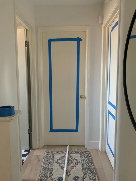 How to improve the look of hollow core doors. Painted Hollow Interior Doors, How To Make Hollow Core Doors Look Expensive, Diy Upgrade Interior Doors, Add Glass To Hollow Core Door, Ideas For Hollow Core Doors, Paint Hollow Doors, How To Spruce Up Interior Doors, Hallway Ideas Doors, Update Interior Doors Ideas