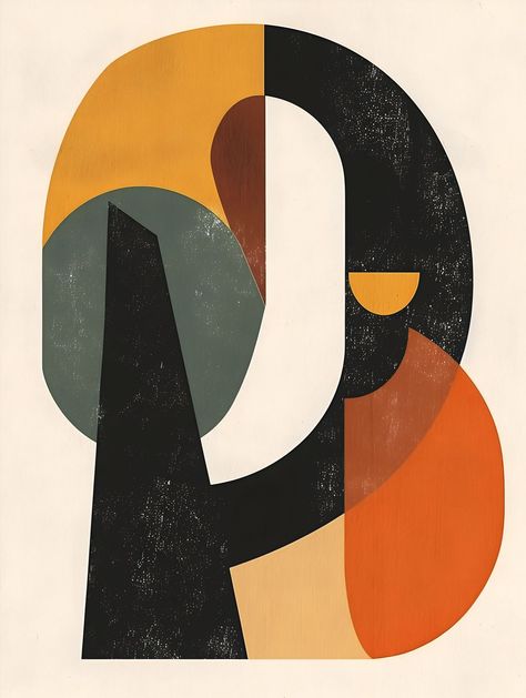 An abstract artwork incorporating geometric shapes and a limited color palette featuring black, orange, yellow, and white. The composition includes an amorphous block-like shape with a circular top against a dark gray background, which may suggest a simplified, geometric figure. The image also contains circular and triangular forms. All elements are set against a beige backdrop, contributing to a minimalist and introspective atmosphere. The artwork resonates with the style of mid-century modern Black White Orange Color Palette, Mid Century Modern Graphic Design, Mid Century Artwork, Beige Backdrop, Pancake Cafe, Dark Gray Background, Mid Century Modern Artwork, Limited Color Palette, Black Color Palette