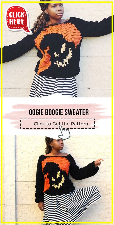 crochet Oogie Boogie Sweater easy pattern - Easy Crochet Sweater Pattern for Beginners. Click to Try the Pattern #Sweater #crochetpattern #crochet via @shareapattern.com Ophir Boogie Crochet Pattern, Crochet Halloween Cardigan Pattern, Fall Sweaters Crochet Pattern, Halloween Crochet Wearable, Crochet Disney Sweater, Fall Crochet Clothes Patterns, Christmas Crochet Sweater Pattern, Crochet Fall Tops Free Patterns, Crochet Sweater Halloween