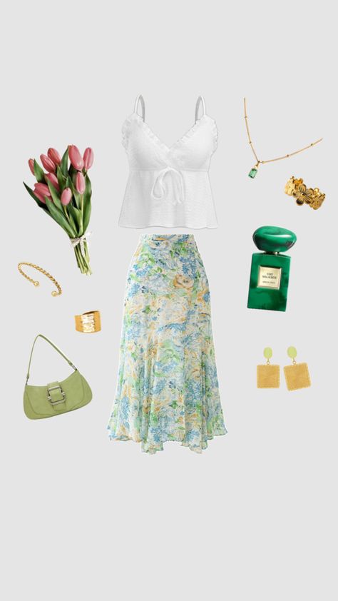 Flowy Outfits, Floral Outfit Summer, Summertime Outfits, Green Inspiration, Floral Outfit, Italian Summer, Flowy Skirt, Summer Floral, Outfit Summer