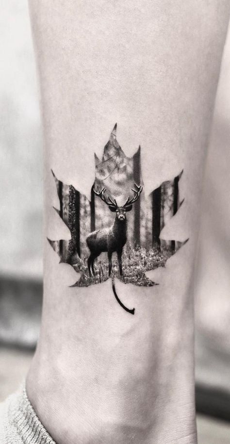 awesome double exposure leaf tattoo © tattoo artist •천안타투 문신하는집 Tattooist Yeono • @tattooist_yeono 💟💟💟💟💟💟💟 Buck Tattoo, Deer Head Tattoo, Elk Tattoo, Deer Skull Tattoos, Deer Tattoo Designs, People Architecture, Hirsch Tattoo, Wildlife Tattoo, Hunter Tattoo