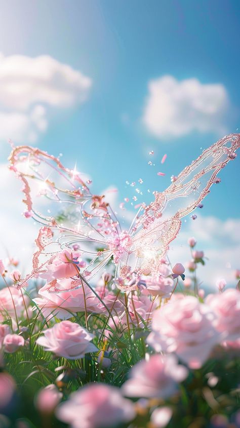 #PinkButterflySculpture #Glass #Crystal #Meadow #BlueSky #WhiteClouds #DreamyAtmosphere #YimLian Pediatrics Office, Ethereal Butterfly, Butterfly Sculpture, Dreamy Atmosphere, Inspirational Digital Art, Golden Wallpaper, Grass Background, Photography Movies, Dreamy Artwork