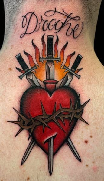 Heart Dagger Tattoo, Traditional Heart Tattoos, Sacred Heart Tattoos, Black Bird Tattoo, Tattoo Heart, Heart Tattoos, Fire Tattoo, Trendy Tattoo, Chest Tattoo Men