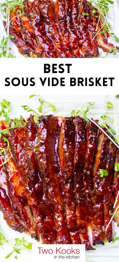 Prepare to be wowed with this tender, moist sous vide brisket in a delicious maple, soy and apricot sauce. The cooking time is long but worth it. And it’s a great make-ahead recipe for holiday season or anytime.Just to be clear, this is not a smoked brisket recipe. It’s a saucy, flavorful, favorite main dish that our family adores for Rosh Hashanah, Passover and family get-togethers. Be sure to save this recipe for later! Sous Vide Brisket Recipes, Sous Vide Fish Recipes, Best Sous Vide Recipes, Sous Vide Bbq Chicken, Brisket Sous Vide, Sous Vide London Broil, Sous Vide Brisket, Sous Vide Recipes Beef, Apricot Sauce