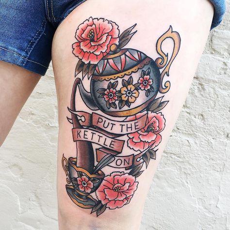 Put the Kettle On • Teapot and Teacup Tattoo | Tattoo Ideas and Inspiration Tea Kettle Tattoo, Kettle Tattoo, Tea Pot Tattoo, Pot Tattoo, Teapot Tattoo, Tea Cup Drawing, Tea Tattoo, Ems Tattoos, Teacup Tattoo