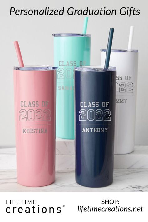 Make graduation gift shopping easy with a personalized graduation tumbler by Lifetime Creations. The skinny tumbler is laser engraved with the class year and the recipient's name. With laser engraving, they'll never have to worry about their name rubbing off. Graduation Tumbler, The Godmother, Wine Glass Sayings, Vinyl Tumblers, Godparent Gifts, Cricut Projects Beginner, First Communion Gifts, Communion Gifts, Personalized Graduation Gifts