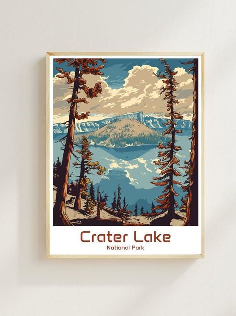 Crater Lake National Park Travel Poster–Lake and Mountain Wall Art,Oregon Nature Print,Adventure Gift,Scenic Landscape,Home Decor by BollyMolly on Etsy Oregon Nature, National Park Travel, Crater Lake National Park, Adventure Gifts, Eco Friendly Decor, Famous Artwork, Mountain Wall, Crater Lake, National Parks Trip