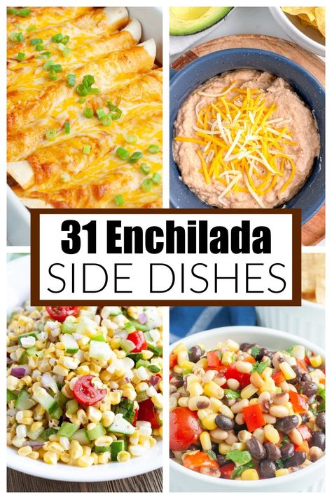 Looking for a side dish for enchiladas? I have gathered 31 delicious and simple enchilada side dishes for you to enjoy. All of these recipes are easy to make and the perfect side for your enchilada dinner. Be sure to save this pin and click over for all of the recipes. Enjoy! Chicken Enchilada Side Dish, Chicken Enchiladas Side Dishes, Sides To Go With Chicken Enchiladas, Mexican Food Recipes Sides, Enchilada Dinner Sides, Chicken Enchilada Sides, What Goes With Enchiladas, Side Dish With Enchiladas, Side Dish For Enchiladas Dinners