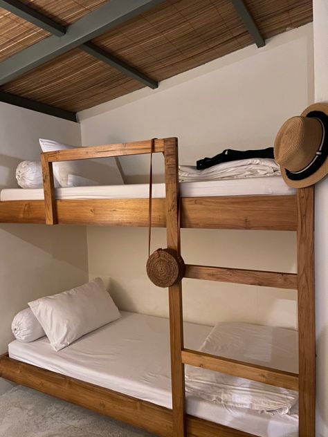 Wooden bunk bed, tropical home Boho Bunk Bed Bedding, Japandi Bunk Bed, Bamboo Bunk Bed, Timber Bunk Beds, Futuristic School, Reclaimed Wood Bunk Bed, Wooden Bunk Bed, Bunk Bed Room, Wooden Bunk Beds