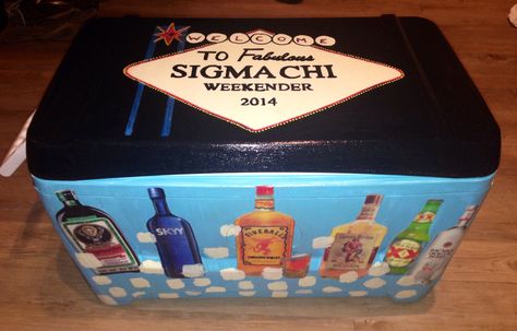 Sigma Chi Fraternity cooler that my roommate made! #cooler #sigmachi Maryland Lacrosse, Nola Cooler, Cooler Connection, Fraternity Cooler, Painted Coolers, Formal Cooler Ideas, Fraternity Formal, Fraternity Gifts, Fraternity Coolers