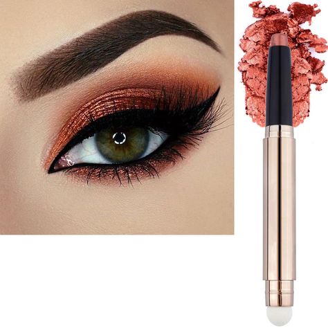 Orange Brown Eyeshadow, Shimmer Eyeliner, Orange Shadow, Eye Shadow Pencil, Almond Eye Makeup, Makeup Shimmer, Cut Crease Eyeshadow, Smokey Eye Makeup Look, Metallic Makeup