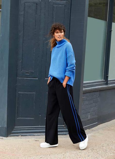 Trouser Inspiration, Striped Trousers Outfit, Wide Leg Trousers Black, Side Stripe Trousers, Head Turning Dress, Chunky Jumper, Trouser Outfit, Black Wide Leg Trousers, Long Trench Coat