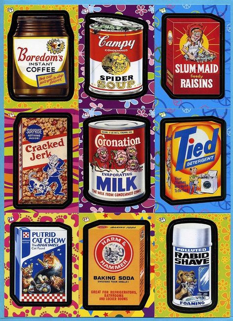 Amazon.com: Wacky Packages Flashback Series 1 ~ 72 Card Set Now OOP : Toys & Games Vintage Food Labels, Wacky Packages, Instant Coffee, Food Labels, Vintage Comics, Vintage Recipes, Root Beer, Beer Can, Raisin