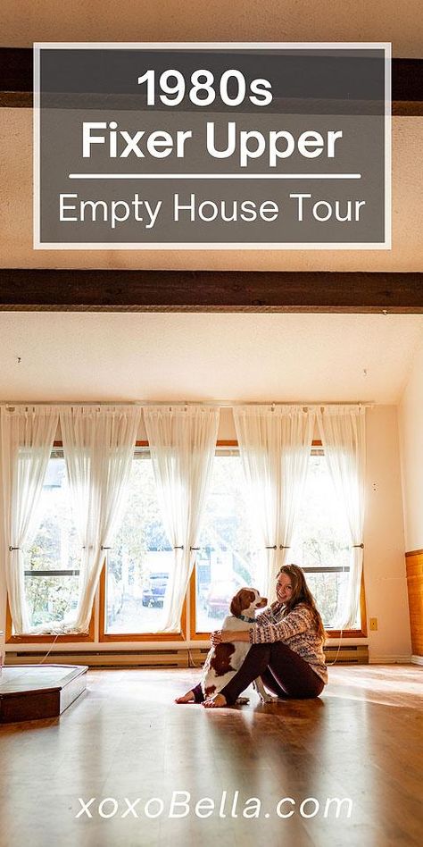 image of a woman and dog in empty room 1980s House, We Bought A House, Fixer Upper Living Room, Wooden Accent Wall, Empty House, Bought A House, Dining Room Spaces, Wood Cladding, Home Improvements