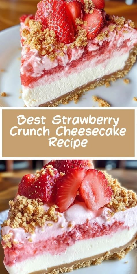 Indulge in the ultimate dessert with this Strawberry Crunch Cheesecake recipe. Packed with layers of creamy cheesecake and a crunchy strawberry topping, this easy-to-make dessert is perfect for any occasion. Whether it's a party or a cozy night in, this recipe will surely impress. Butter Pecan Pound Cake Recipe, Birthday Cheesecake Recipes, Cake For Two Recipe, Strawberry Crunch Cheesecake, Crunch Cheesecake, Cheescake Recipe, Strawberry Crunch Cake, Strawberry Crunch, Layered Dessert