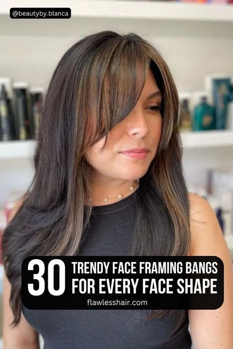 Trendy face framing bangs with lowlights, featuring face framing layers, wispy styles, and curtain bangs for different face shapes. Long Haircuts With Layers Face Framing, Framed Face Haircut, Jawline And Cheekbones, Haircuts For Medium Length Hair Layered, Medium Hair Round Face, Oval Face Bangs, Face Framing Hair, Oblong Face Shape, Framing Bangs