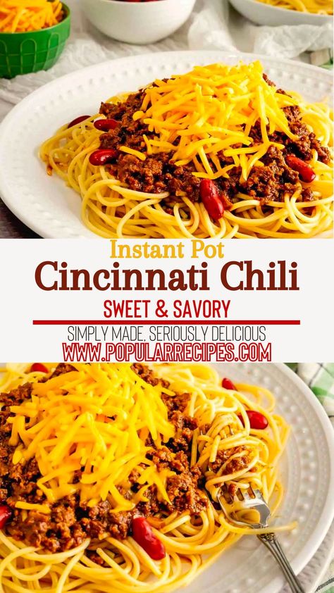 The sweet and savory flavors in this Instant Pot Cincinnati Chili is the reason this chili recipe is iconic - it's delicious! #chili #instantpot #pinterestrecipes Chili Spaghetti, Skyline Chili, Sweet Potato Chocolate, Cincinnati Chili, Stuffed Sweet Potato Healthy, Spaghetti Noodles, Chili Recipe, Sweet And Savory, Kidney Beans