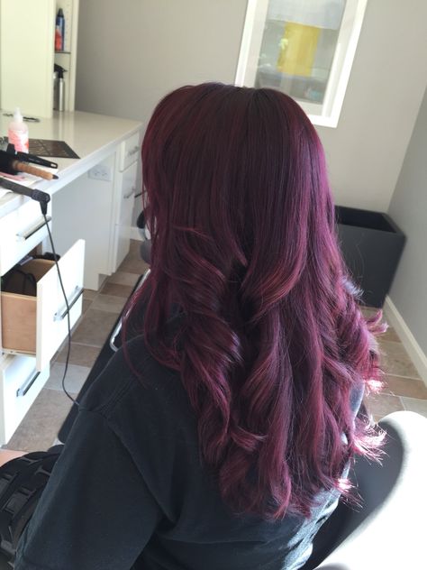 Purple hair Goldwell color Bree Salkn Purple Hair Without Bleaching, Purple On Brown Hair No Bleach, Dark Purple Hair No Bleach, Grape Hair, Purple Redish Color Hair, Global Grape Hair, Purple Ish Red Hair, Deep Purple Hair, Brazilian Blowout