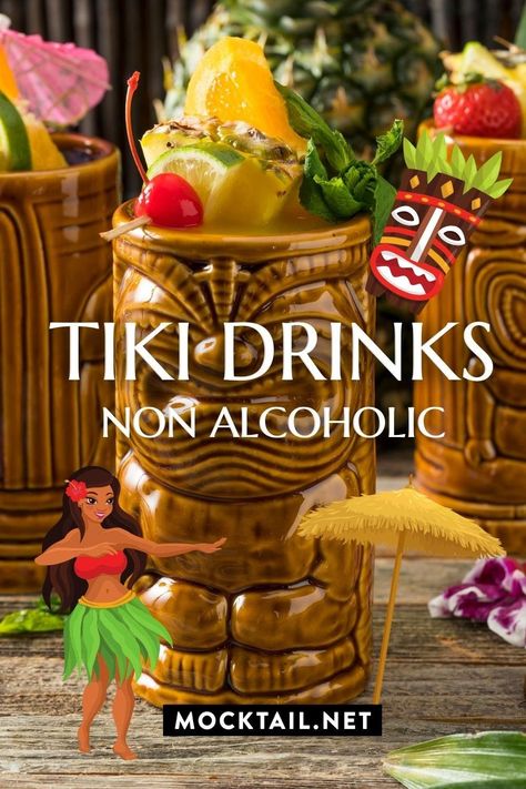 Hawaiian Beverages Non Alcoholic, Non Alcoholic Tiki Drinks, Tiki Mocktail Recipe, Easy Tiki Drinks, Hawaiian Mocktails Non Alcoholic, Tropical Mocktail Recipe, Tiki Cocktails Recipes, Tropical Drinks Non Alcoholic, Tropical Mocktails Non Alcoholic