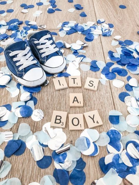 Gender Reveal Ideas, Announcement Ideas, Reveal Ideas, A Boy, Gender Reveal, Confetti, Blue, White